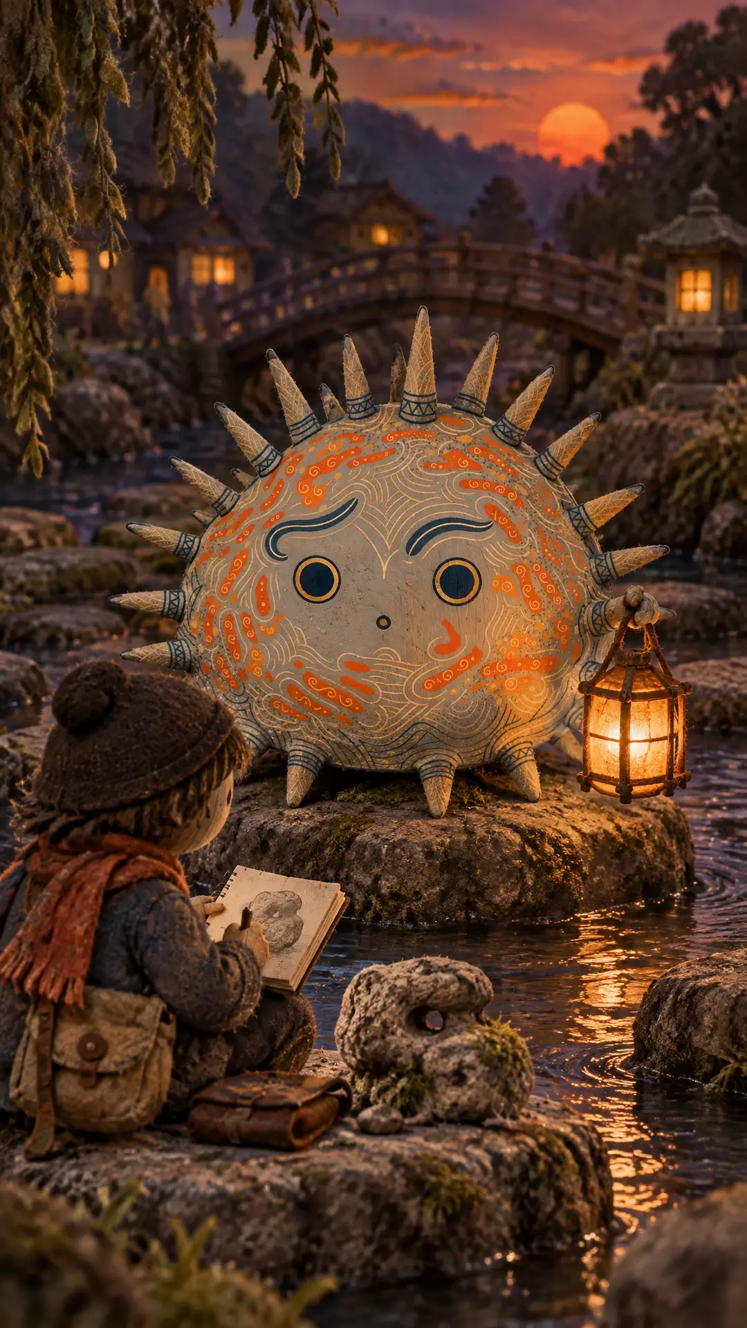 イケズウニのイラスト: 川辺の夕暮れスケッチ